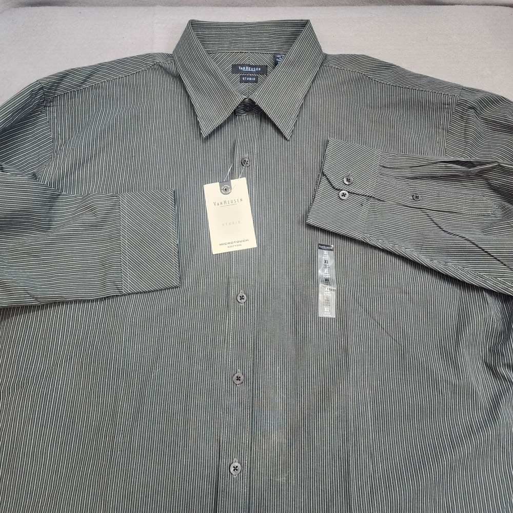 Van Heusen‎ Studio Dress Shirt Green Micro Stripe Microtouch Cotton Mens XL